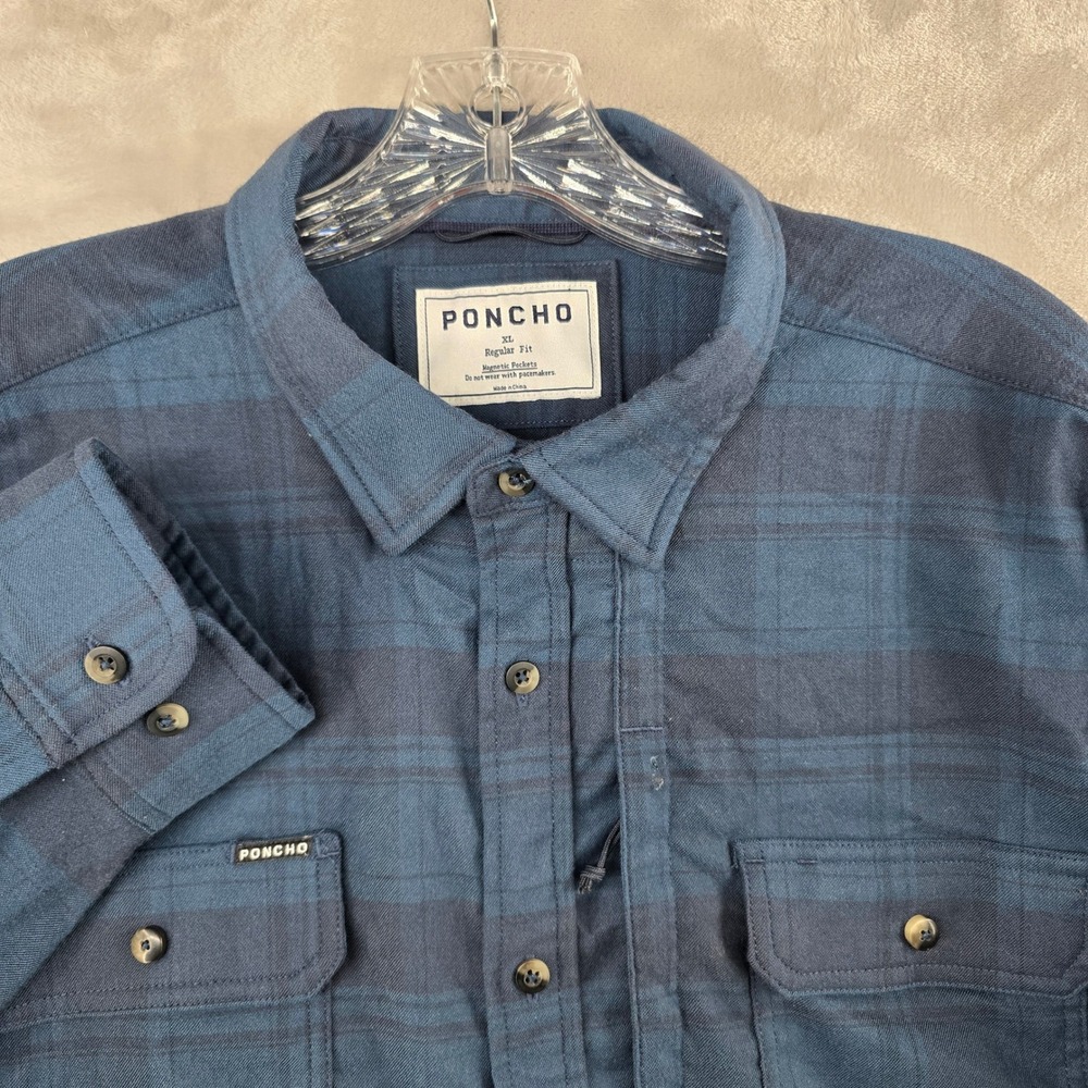Poncho Flannel Shirt Mens XL Blue Plaid Magnetic Pockets Regular Fit Long Sleeve